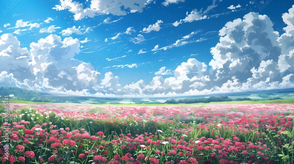 Vibrant Pink Daisies Blooming in Lush Spring Meadow Under Cloudy Blue Sky Vibrant Pink Daisies Blooming in Lush Spring Meadow Under Cloudy Blue Sky