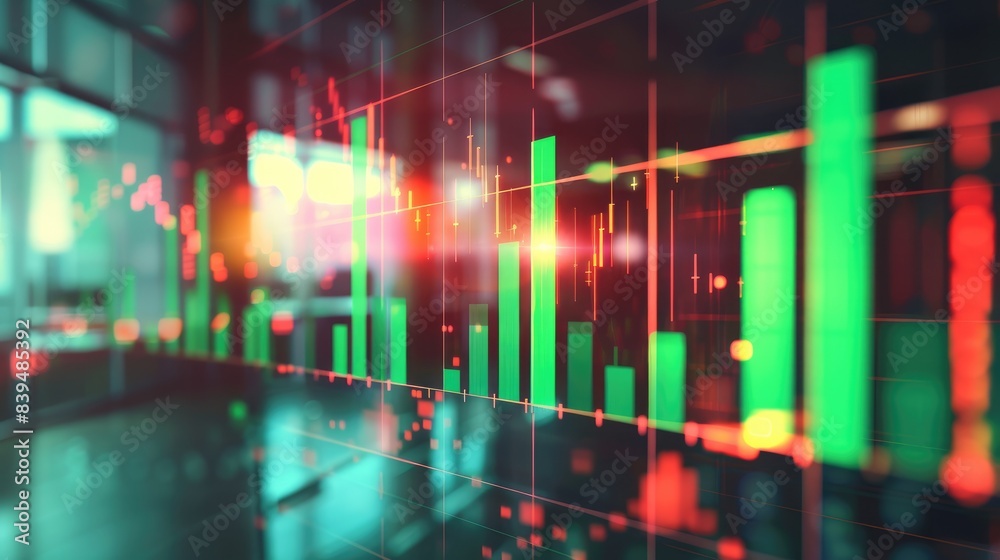 Business graph with green and red bars, rising and falling, overlaid on a blurred office setting, representing economic trends Business graph with green and red bars, rising and falling, overlaid on a blurred office setting, representing economic trends