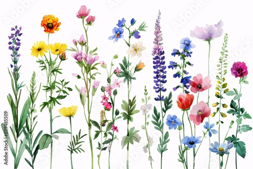 Blend of wildflowers in a watercolor style on a white background. Wild flowers set, watercolor digital illustration. Perfectly for poster, card design.