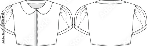peter pan collared zippered short sleeve crop cropped blouse top shirt  template technical drawing flat sketch cad mockup fashion woman design style model
