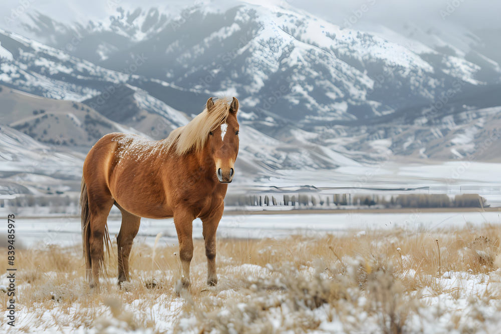 Portrait of horse standing in field by mountain during winter Portrait of horse standing in field by mountain during winter