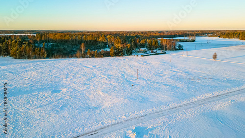 Aerial image of a house in the countryside in winter in Estonia, everything is covered with snow, some trees keep their leaves in red tones,  