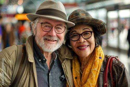 Portrait of a glad multicultural couple in their 60s donning a classic fedora on busy airport terminal