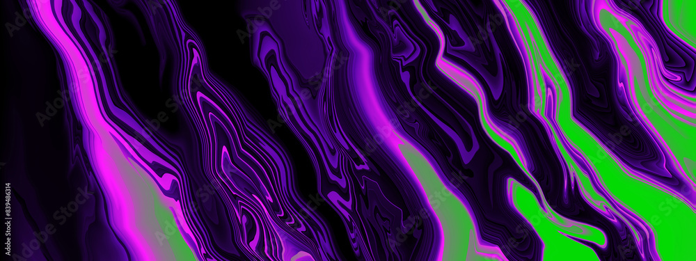 Fototapeta premium Bright violet, neon light green, black background. Abstract liquid purple pink wave. Glitch art trippy digital screen. Geometric Backdrop. banner. Template. Luxury gradient texture. Card. Wallpaper.