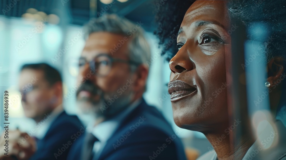 Obraz premium close-up of a diverse group of business leaders in a glass-walled office, deep in conversation as they plan the future of their company