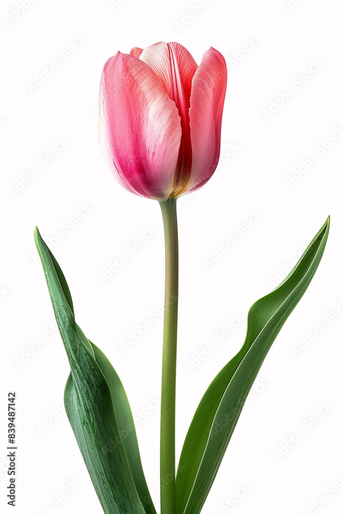 Tulip pink pastel flower with two leaves isolated on white background. Beautiful composition for advertising and packaging design in the garden business. Tulip pink pastel flower with two leaves isolated on white background. Beautiful composition for advertising and packaging design in the garden business.