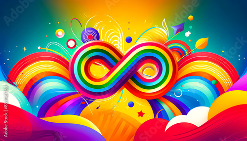 Colorful rainbow infinity symbol and bright banner celebrating pride month