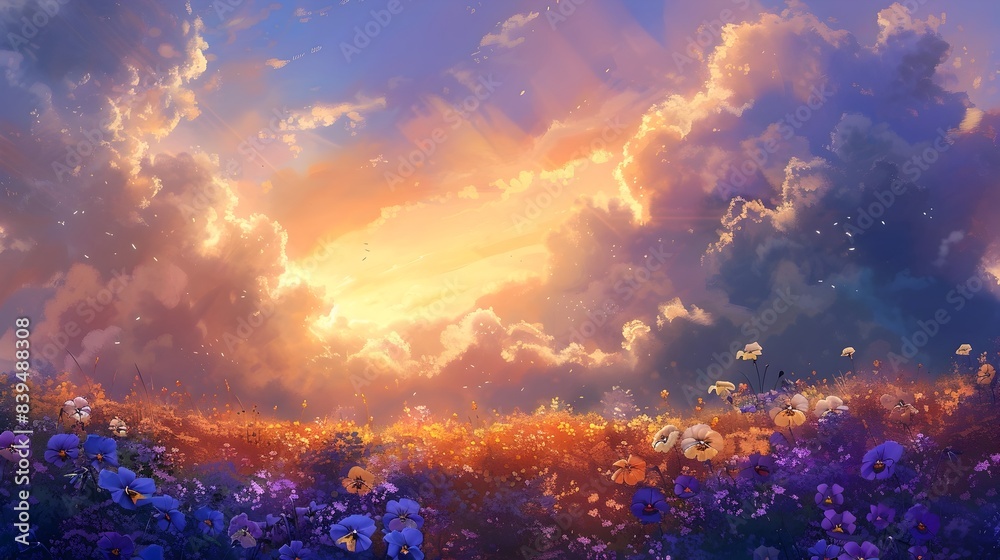 Fototapeta premium Vibrant Sunset Over Blooming Meadow in Idyllic Countryside Landscape