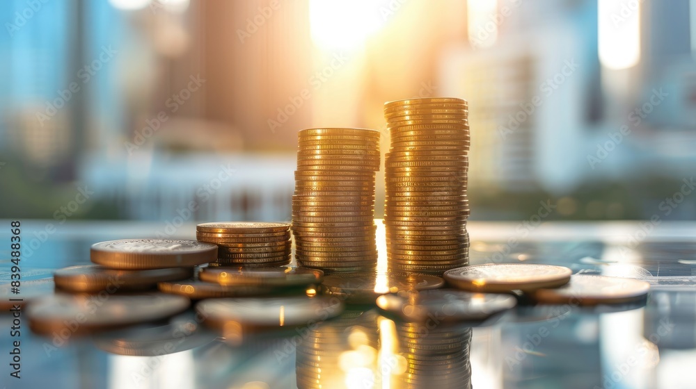 Coins being stacked in front of a blurred office setting, symbolizing professional financial growth and success Coins being stacked in front of a blurred office setting, symbolizing professional financial growth and success