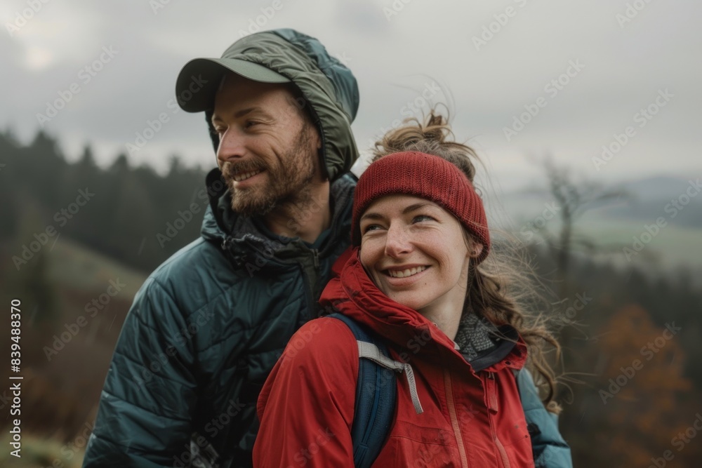 Portrait of a blissful caucasian couple in their 30s wearing a functional windbreaker isolated in quiet countryside landscape Portrait of a blissful caucasian couple in their 30s wearing a functional windbreaker isolated in quiet countryside landscape