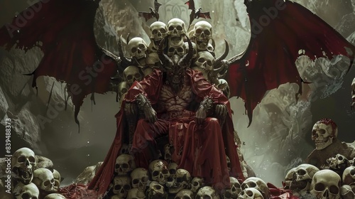 Demon lord sitting on throne of skulls in hell