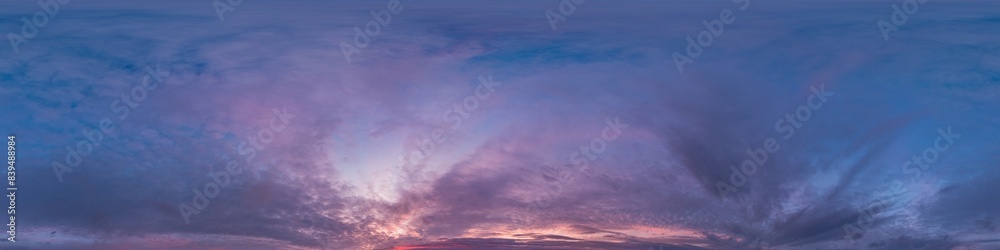 Sunset sky with bright glowing pink Cumulus clouds. Seamless spherical HDR 360 panorama. Full zenith or sky dome in 3D, sky replacement for aerial drone panoramas. Climate and weather change. Sunset sky with bright glowing pink Cumulus clouds. Seamless spherical HDR 360 panorama. Full zenith or sky dome in 3D, sky replacement for aerial drone panoramas. Climate and weather change.