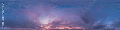 Sunset sky with bright glowing pink Cumulus clouds. Seamless spherical HDR 360 panorama. Full zenith or sky dome in 3D  sky replacement for aerial drone panoramas. Climate and weather change.