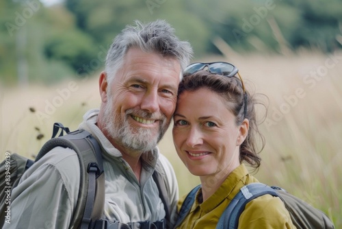 Portrait of a smiling caucasian couple in their 40s sporting a breathable hiking shirt over quiet countryside landscape