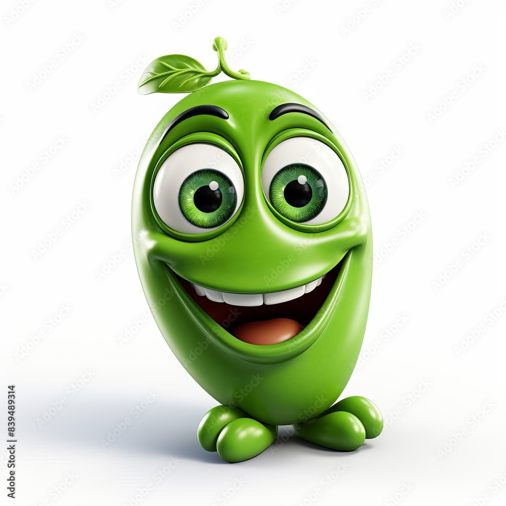 Mischievous pea pod creature with a cheeky grin, cartoon style, full of pranks, on white backdrop Mischievous pea pod creature with a cheeky grin, cartoon style, full of pranks, on white backdrop