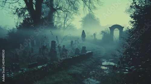 Foggy cemetery with spooky trees and a mysterious figure in the distance.