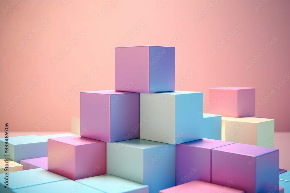 A 3D rendering of a stack of pastel colored cubes against a pink background. A 3D rendering of a stack of pastel colored cubes against a pink background.