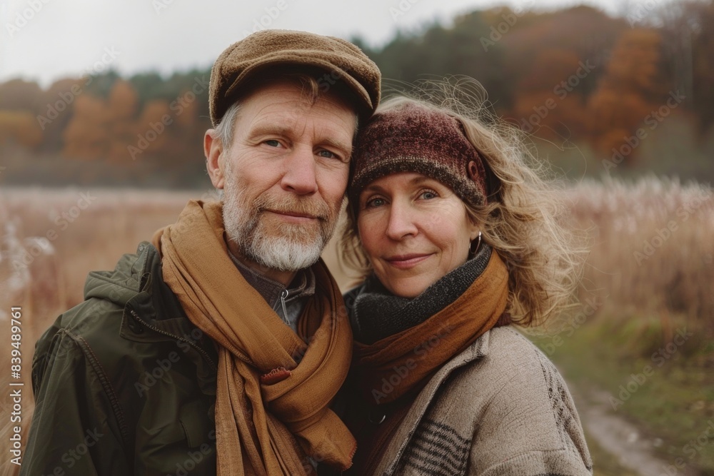 Portrait of a content couple in their 40s wearing a versatile buff while standing against quiet countryside landscape Portrait of a content couple in their 40s wearing a versatile buff while standing against quiet countryside landscape
