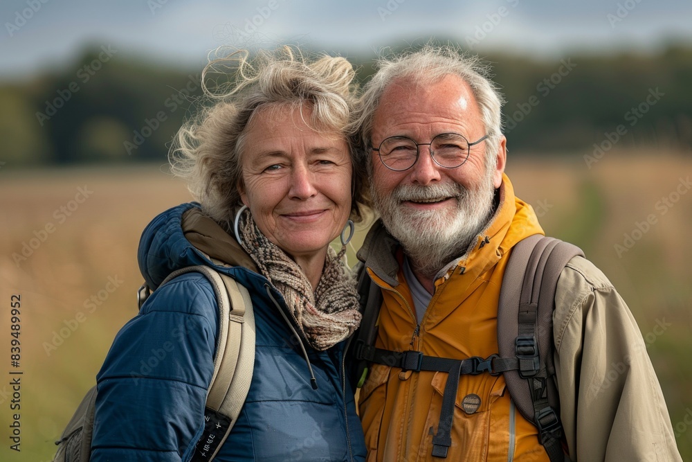 Portrait of a content couple in their 40s wearing a versatile buff isolated on quiet countryside landscape Portrait of a content couple in their 40s wearing a versatile buff isolated on quiet countryside landscape
