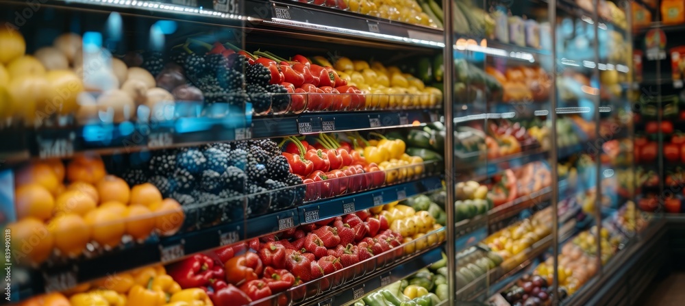 Fresh vegetables close up in shop window with blurred background and space for text