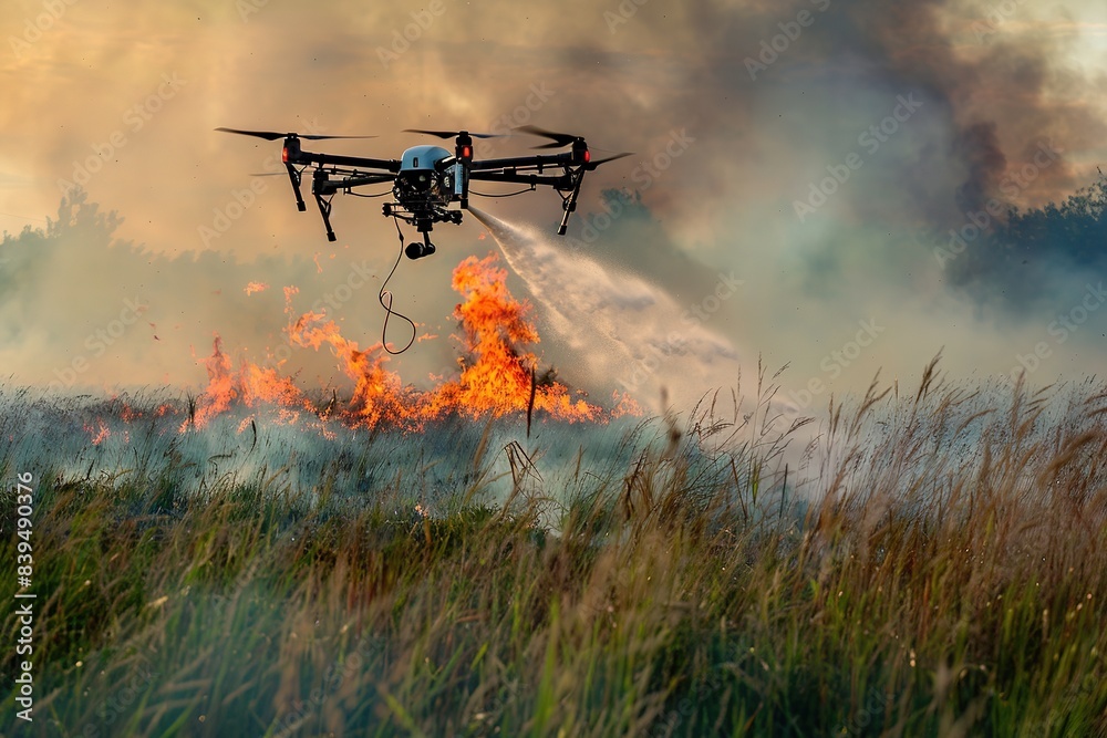 A drone is flying over a wildfire, spraying a substance to control the flames. A drone is flying over a wildfire, spraying a substance to control the flames.