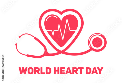 World Heart Day. Stethoscope, Electrocardiogram, Cardiology concept. ECG, line drawing heart pulse. Heartbeat, cardiogram, wave signal. healthcare, medical background. Electrocardiograph. Health.