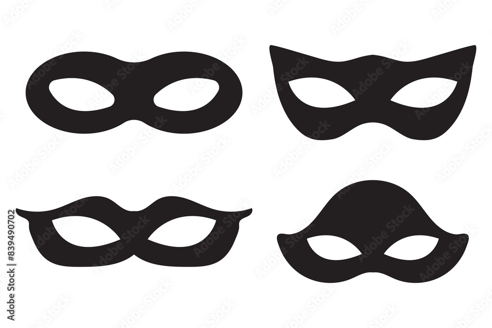 Mask superhero carnival villain or burgar vector icon set. Black masquerade costume eye mask silhouette hidden person face. Simple design incognito party masque shape template illustration. Mask superhero carnival villain or burgar vector icon set. Black masquerade costume eye mask silhouette hidden person face. Simple design incognito party masque shape template illustration.