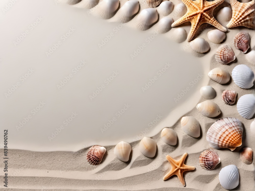 Obraz premium Frame of sea shells on sand with free space for text in the center.