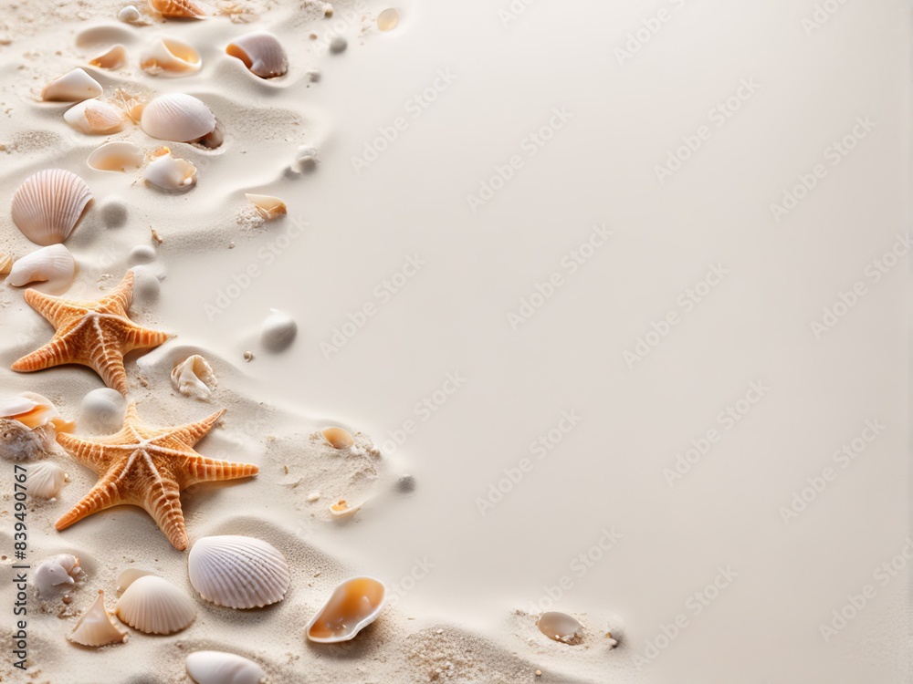 Obraz premium Frame of sea shells on sand with free space for text in the center.