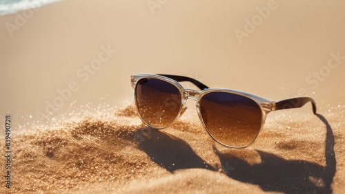 Sunglasses on sand with free space for tekta in the center.