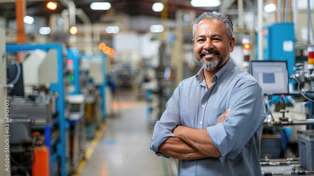 Obraz premium Factory owner in a high-tech manufacturing plant, overseeing operations with machinery in the background, dressed in business casual, showcasing leadership