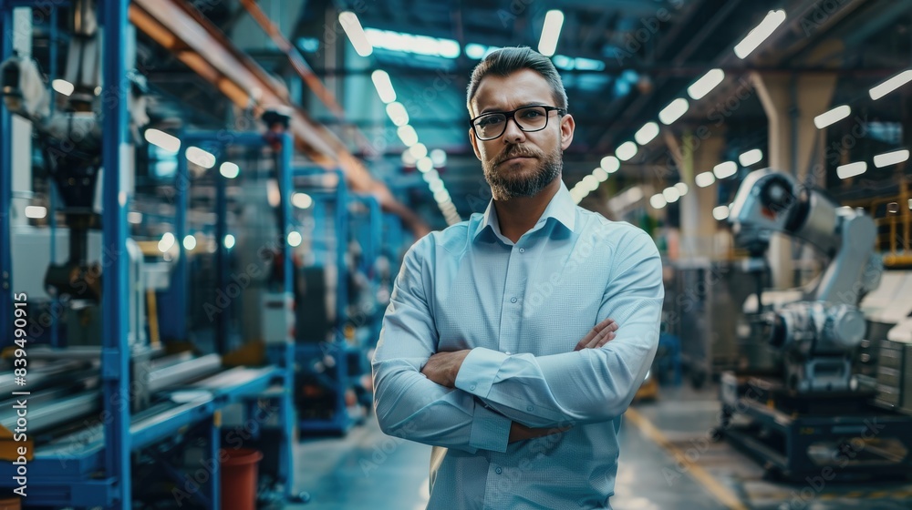 Factory owner in a high-tech manufacturing plant, overseeing operations with machinery in the background, dressed in business casual, showcasing leadership Factory owner in a high-tech manufacturing plant, overseeing operations with machinery in the background, dressed in business casual, showcasing leadership