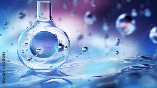 Radiant Cosmetic Essence: Molecular Elixir in Liquid Bubble on Water Background, 3D Rendering Stock Illustration