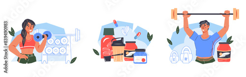 Sports activity and sports nutrition supplements, set of vector banner illustrations on white background. Illustrations on the theme of sports and fitness, bodybuilding and muscle development.