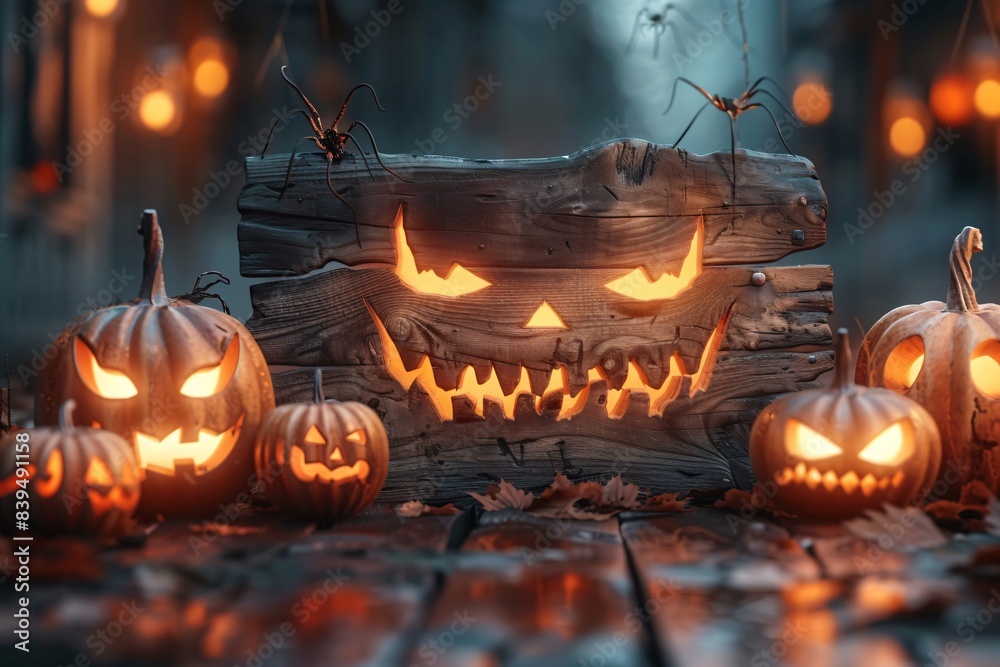 Close-up wooden sign carved pumpkins Close-up wooden sign carved pumpkins