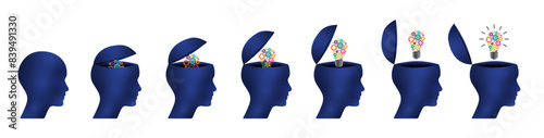 Blue open minded business head set with gear lightbulb. 3d idea concept illustration to use for business, logical thinking, open mind, idea concept projects. 