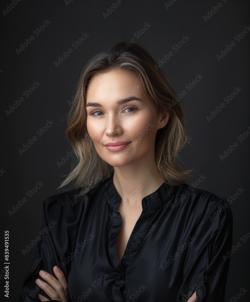 Beautiful middle-aged blonde woman on a gray background wears black clothes. Beautiful middle-aged blonde woman on a gray background wears black clothes.