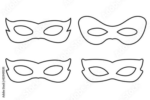Mask superhero carnival villain or burglar vector icon set. Collection of Black outline flat masquerade costume eye mask silhouette hidden face. Incognito theatre party masque shape clip art. 