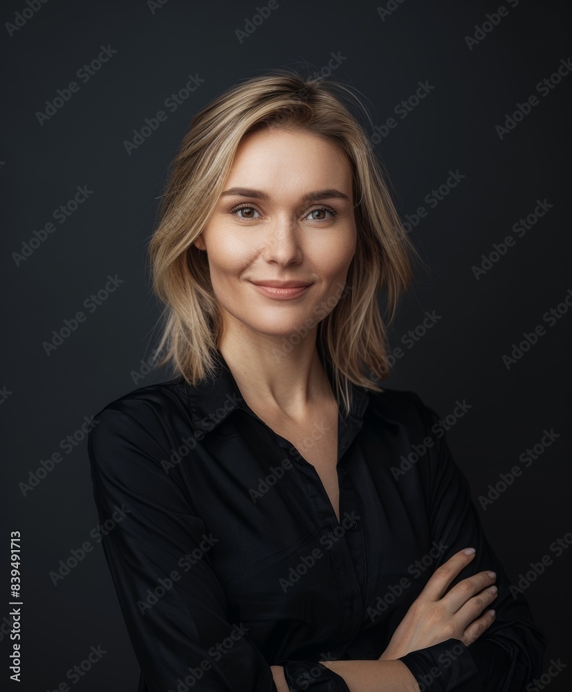 Beautiful middle-aged blonde woman on a gray background wears black clothes. Beautiful middle-aged blonde woman on a gray background wears black clothes.