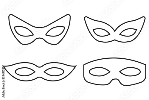 Mask superhero carnival villain or burgar vector icon set. Black masquerade costume eye mask silhouette hidden person face. Simple design incognito party masque shape template illustration.