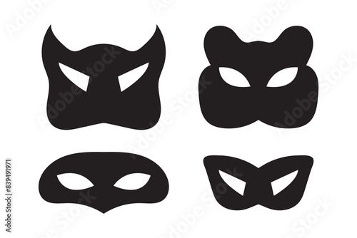 Mask superhero carnival villain or burgar vector icon set. Black masquerade costume eye mask silhouette hidden person face. Simple design incognito party masque shape template illustration.