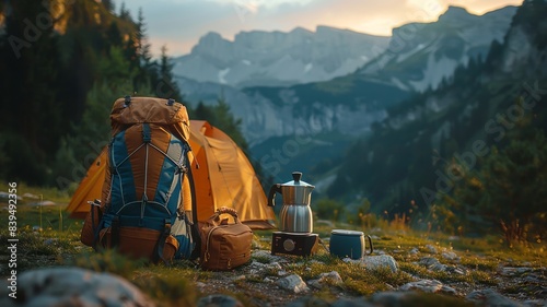 Backpacks and tents in serene mountain camping spot photo