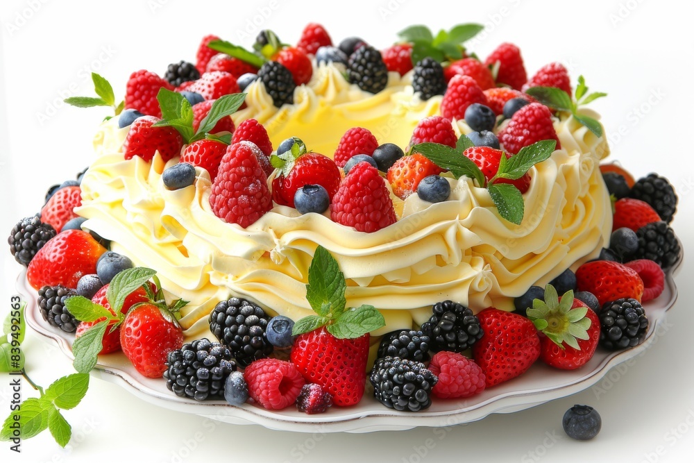 Mixed berry trifle with whipped cream and mint leaves in a bright, vibrant setting Mixed berry trifle with whipped cream and mint leaves in a bright, vibrant setting