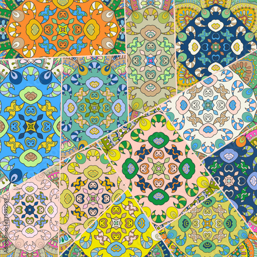 Vector patchwork quilt pattern. Vintage decorative collage. Hand drawn background. Indian, Arabic, Turkish motifs for printing on fabric or paper. Abstract colorful doodle pattern in mosaic style