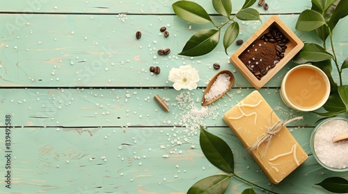 A flat lay composition of spa products like coffeescented soap, sea salt and leaves on pastel green wooden background with copy space for text. Top view, flat lay, spa concept photo