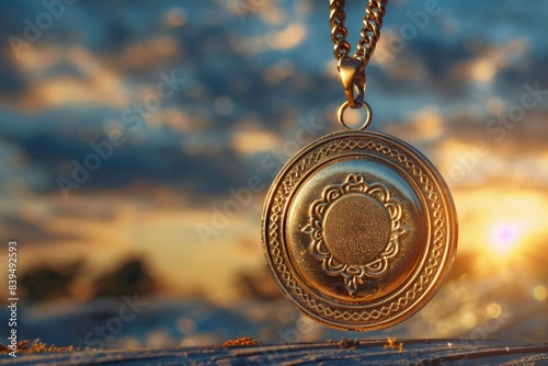 Gold lock medallion on chain photo