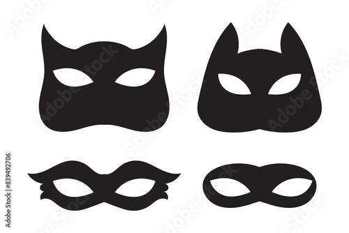 Superhero or thief mask with eye slits vector black icon set. Masquerade costume mask silhouette hidden villain or burgar face. Simple design carnival incognito party masque clip art illustration. 
