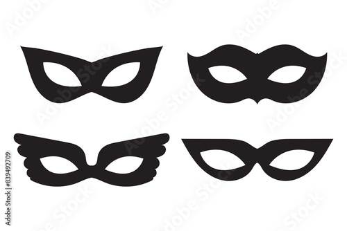 Mask superhero carnival villain or burglar vector icon set. Collection of Black outline flat masquerade costume eye mask silhouette hidden face. Incognito theatre party masque shape clip art. 