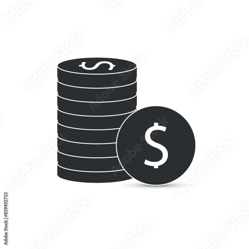 black and white dollar symbol, stack of coins