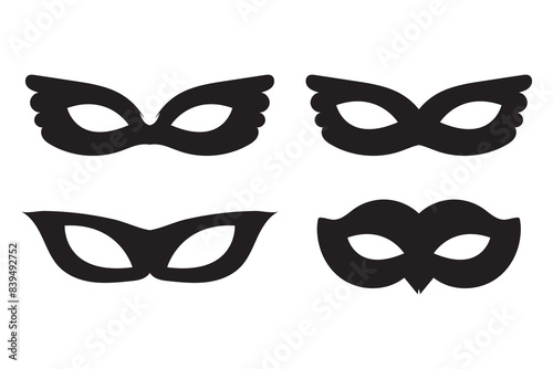 Carnival mask for bandit or superhero vector icon set. Black masquerade costume eye mask silhouette hidden villain or burgar person face. Simple design incognito masque shape clip art illustration.